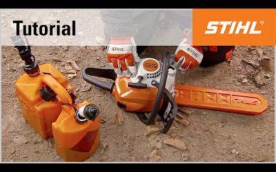 Filling a STIHL chainsaw with fuel and chain oil