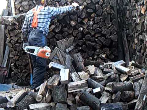 Elektrosäge E 180 C von Stihl beim Brennholzsägen..
