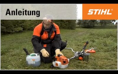 Eine STIHL Motorsense mit Kraftstoff betanken