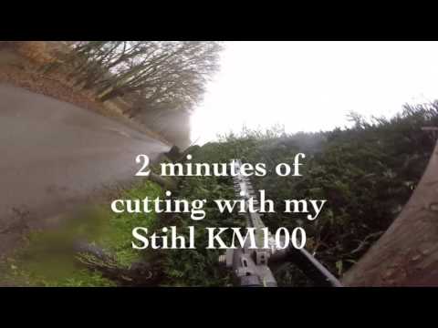 Laurel and conifer hedge trimming / cutting , Stihl KM100 Go Pro action.