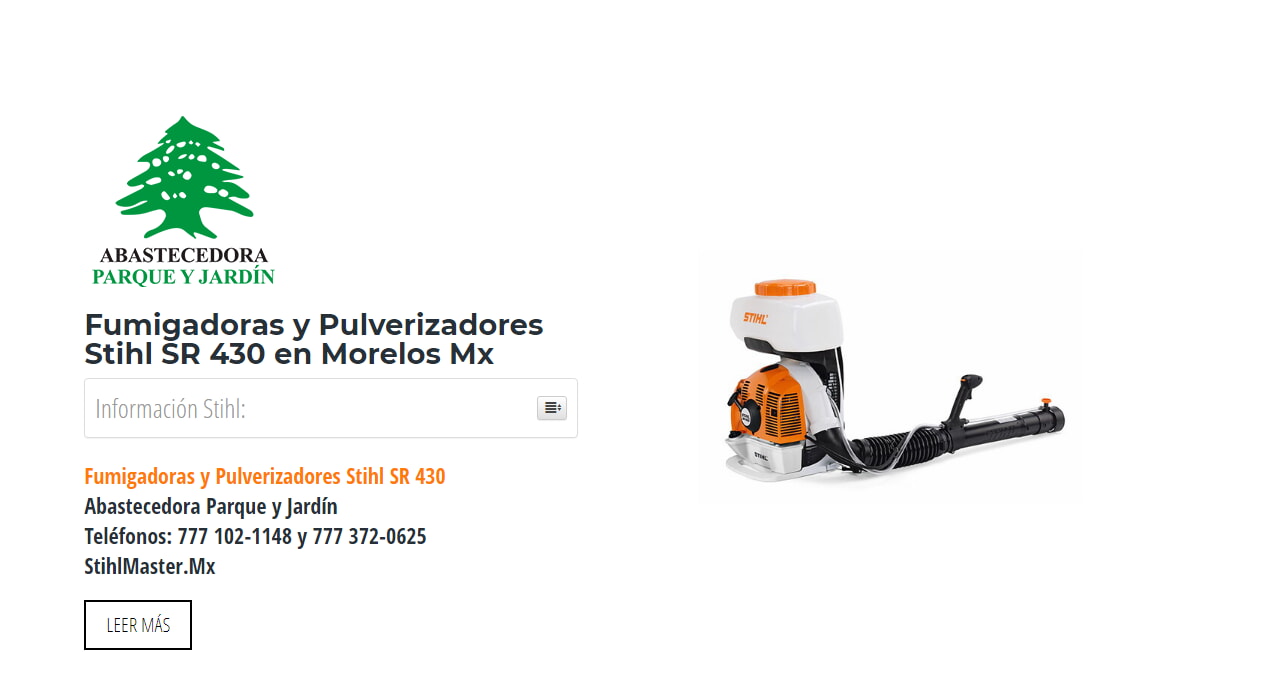 Fumigadoras y Pulverizadores Stihl SR 430 en Morelos Mx en Stihl Master contamos con más de 55 Fumigadoras y Pulverizadores listas para distribuirse en Morelos y todo México.