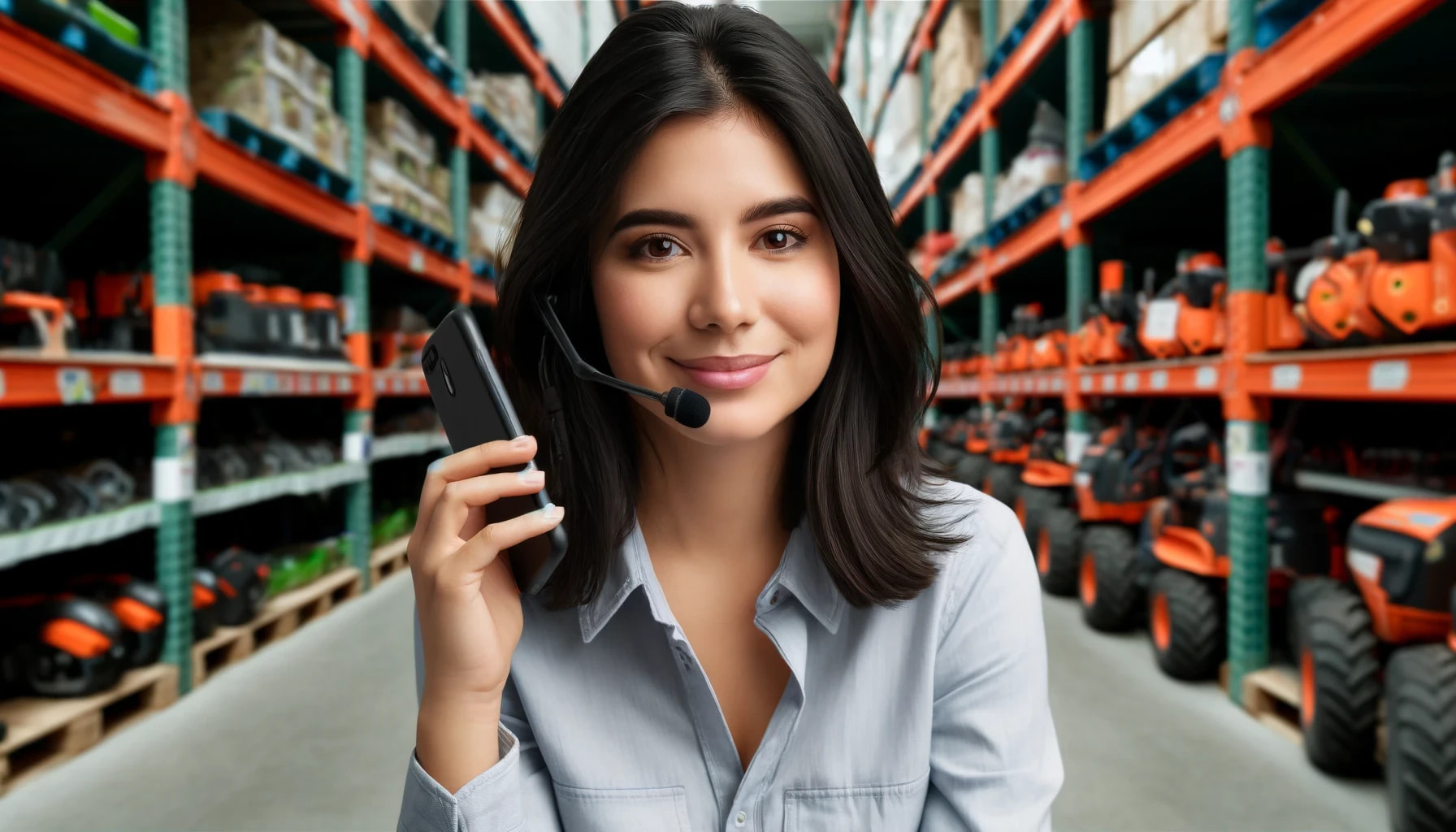Una chica sosteniendo un celular enmedio de una bodega de equipos y herramientas